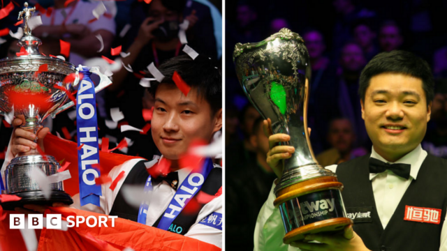 Zhao Xintong (left) with the World Championship trophy and Ding Junhui with the UK Championship trophy