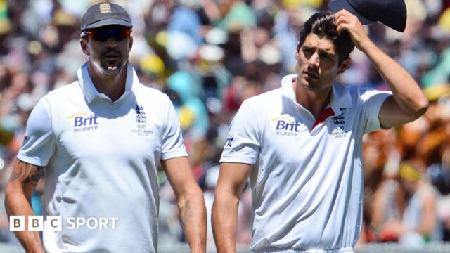 Kevin Pietersen and Alastair Cook walk off together